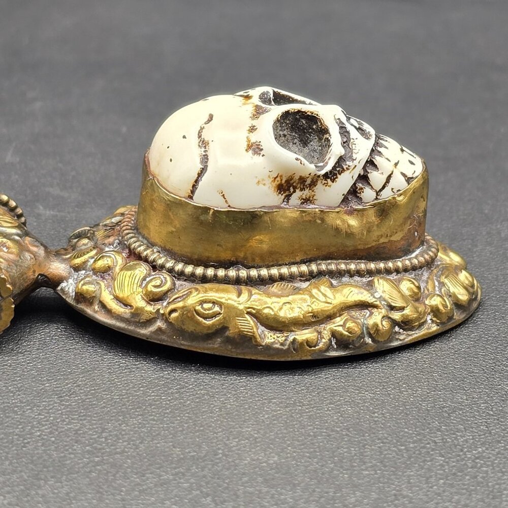 Brass Slider Pendant w Raised Resin Skull & Flower and Fish Motif on 24" Chain - Picture 10 of 10